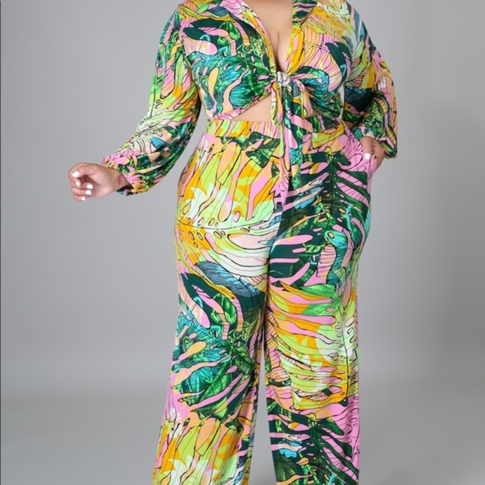 2pc wrap tie shirt with wide leg pants